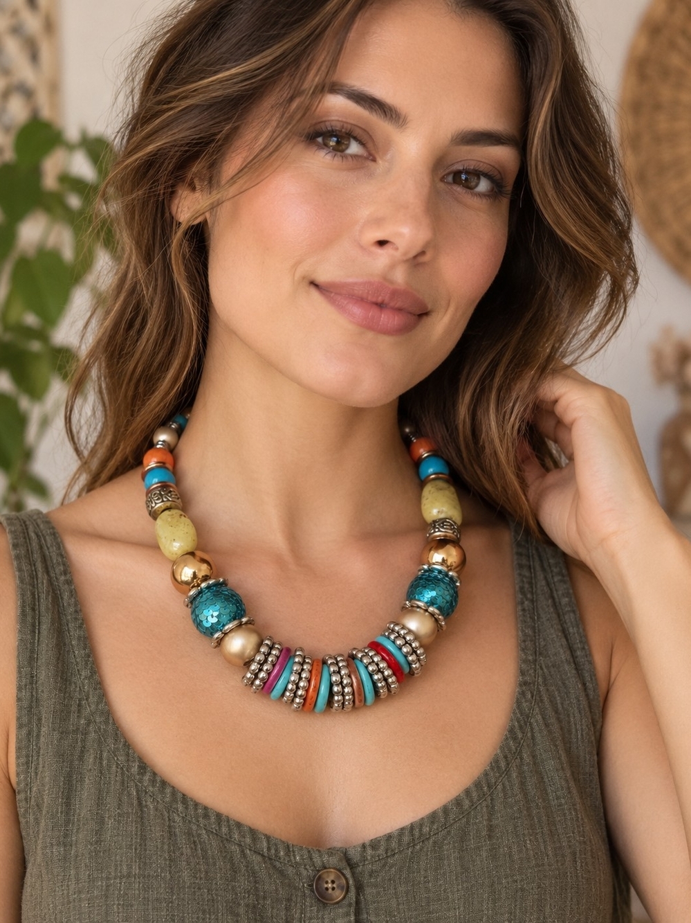Turquoise Multicolor Bead Statement Necklace - Women Jewelry